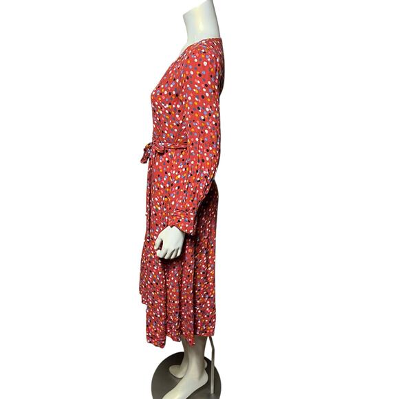 LOFT Coral Red Polka Dot Midi Dress | Colorful Button Front Belted Shirtdress - Picture 6 of 8
